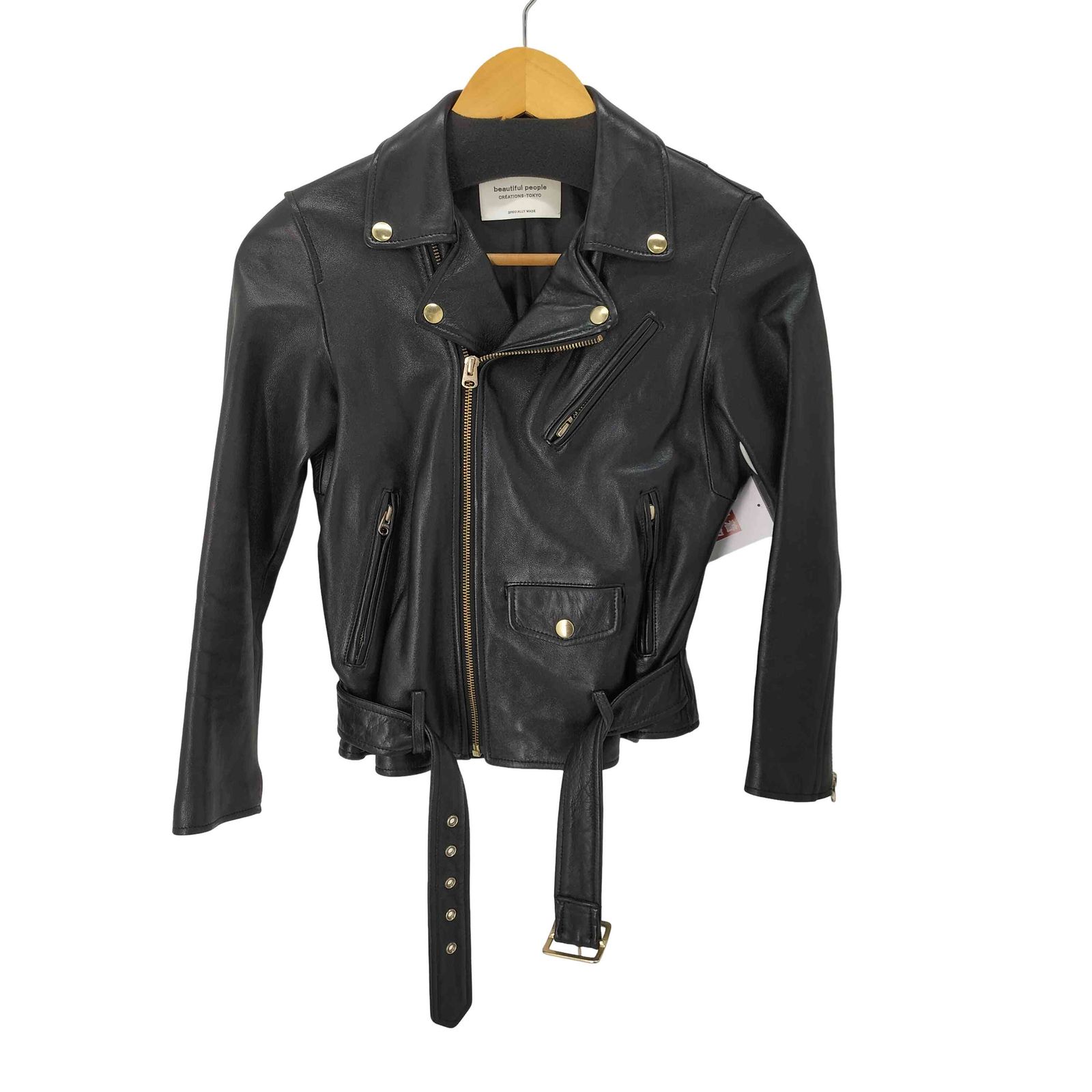 新品未使用】ビューティフルピープル　ダブルライダーズジャケット　羊革　140　S ビューティフルピープル 羊革 ダブルライダースジャケット 黒 ベルト