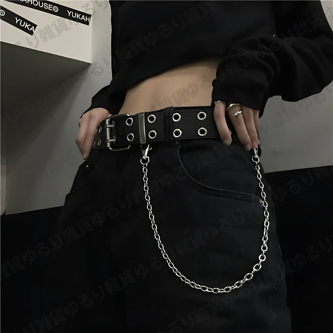 ベルト ダブルピンベルト スタッズベルト チェーン付き Y2K ストリート