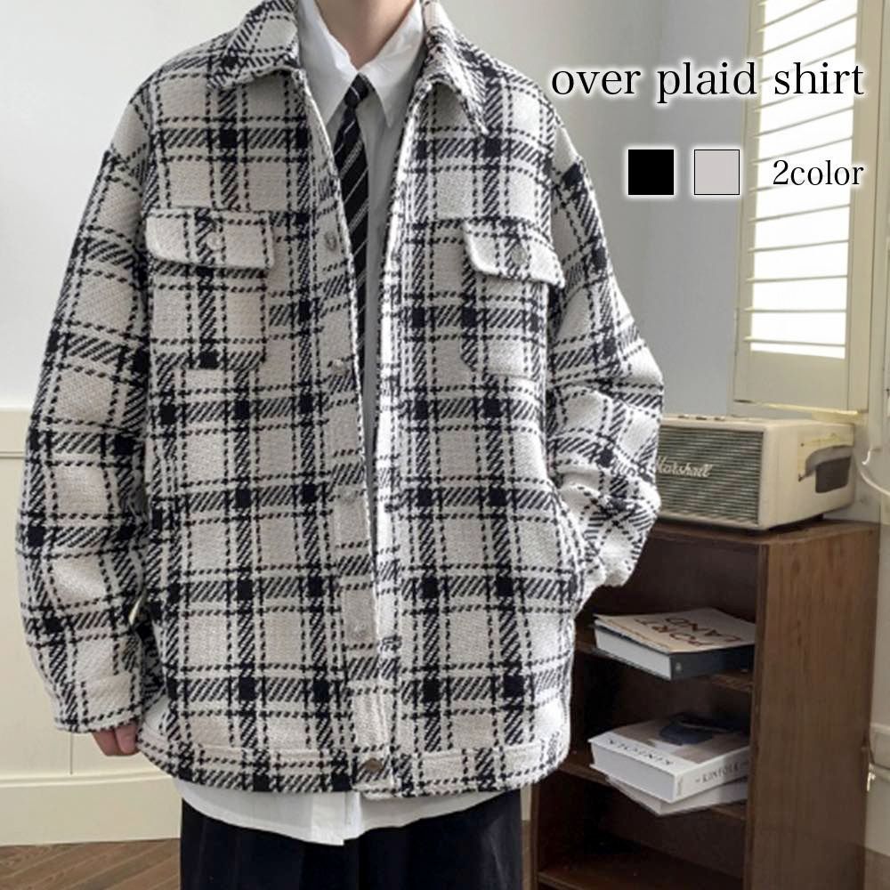 ステンカラーコート メンズ オーバーチェック柄シャツ スタンドカラーコート 丈 ショート丈 ファスナー ロングコート 冬 春 アウタ