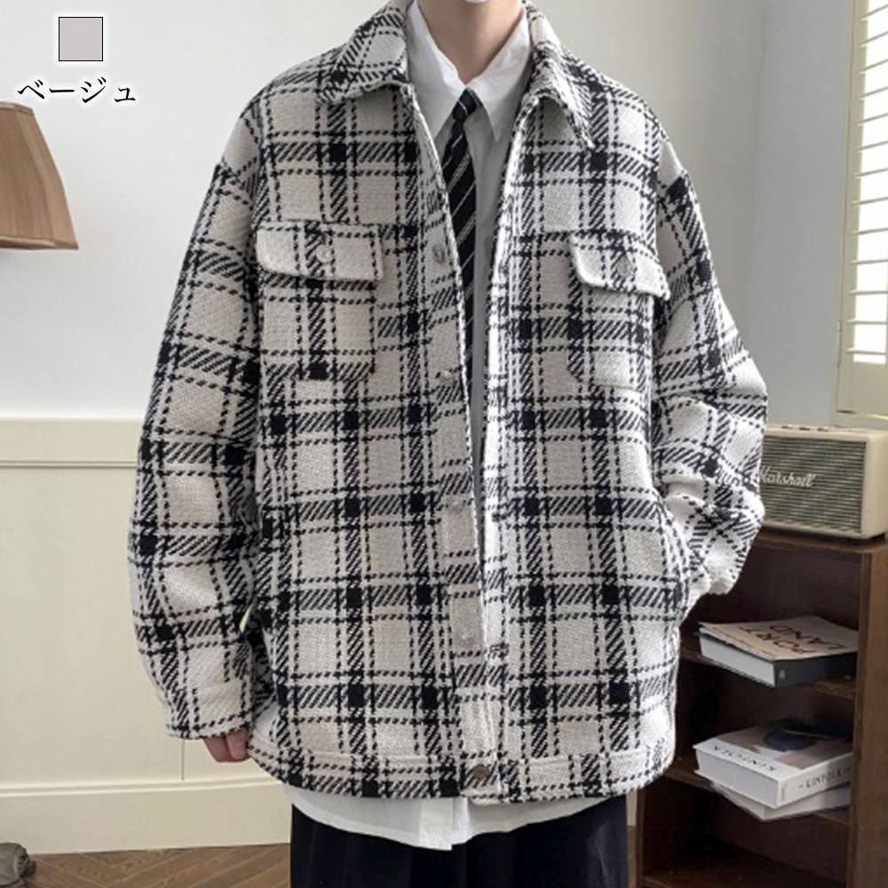  ステンカラーコート メンズ オーバーチェック柄シャツ スタンドカラーコート 丈 ショート丈 ファスナー ロングコート 冬 春 アウタ コート ジャケット ファッション