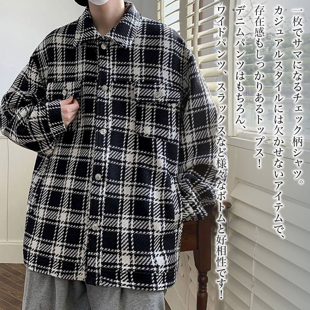 ステンカラーコート メンズ オーバーチェック柄シャツ スタンドカラーコート 丈 ショート丈 ファスナー ロングコート 冬 春 アウタ