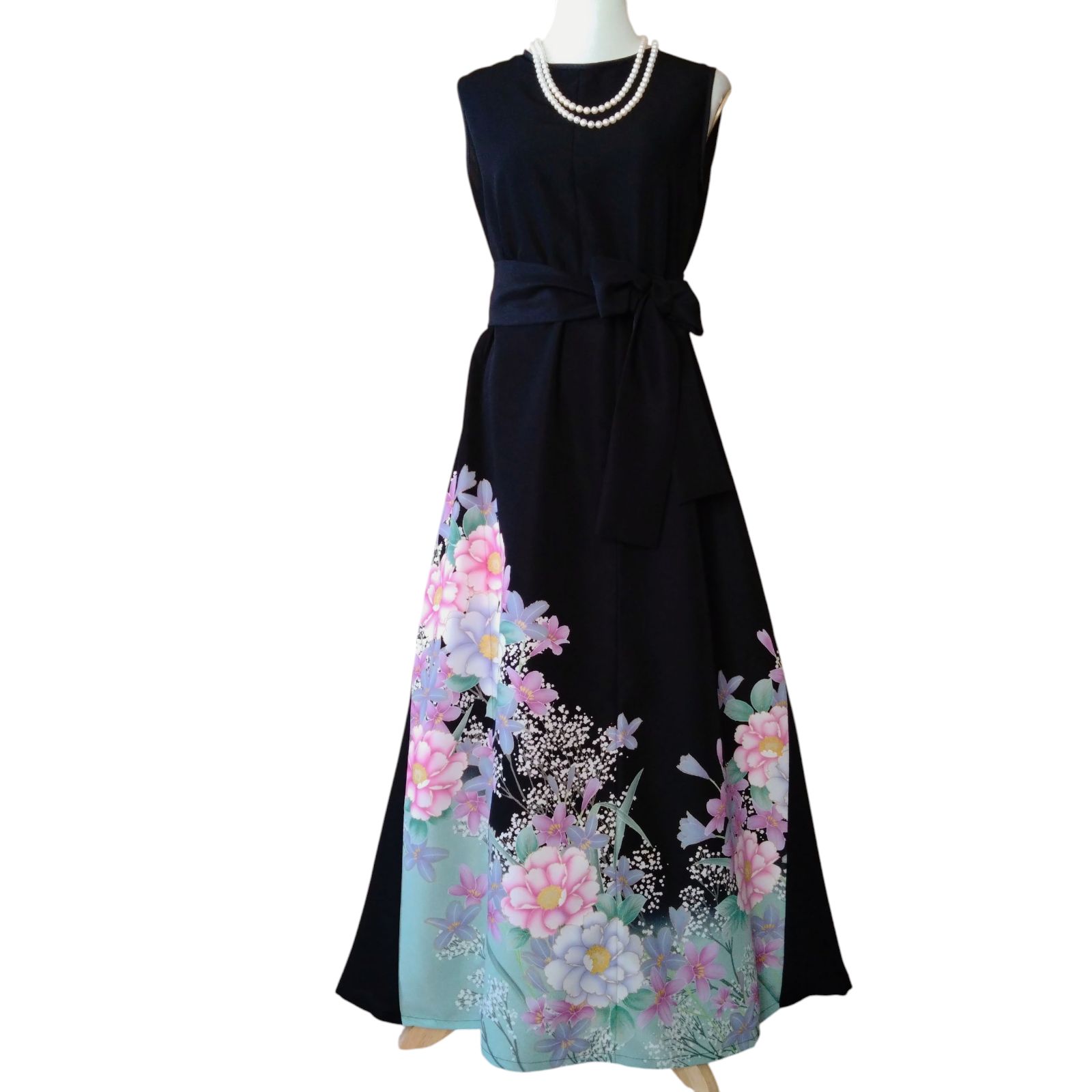 ❦Kaena❦ 着物リメイク ロング ワンピース フ 黒留袖 ドレス Aライン ベルト紐 後ろボタン 結婚式 卒業式 入学式 パーティー ステージ衣装 オケージョン ブラック フォーマル 黒