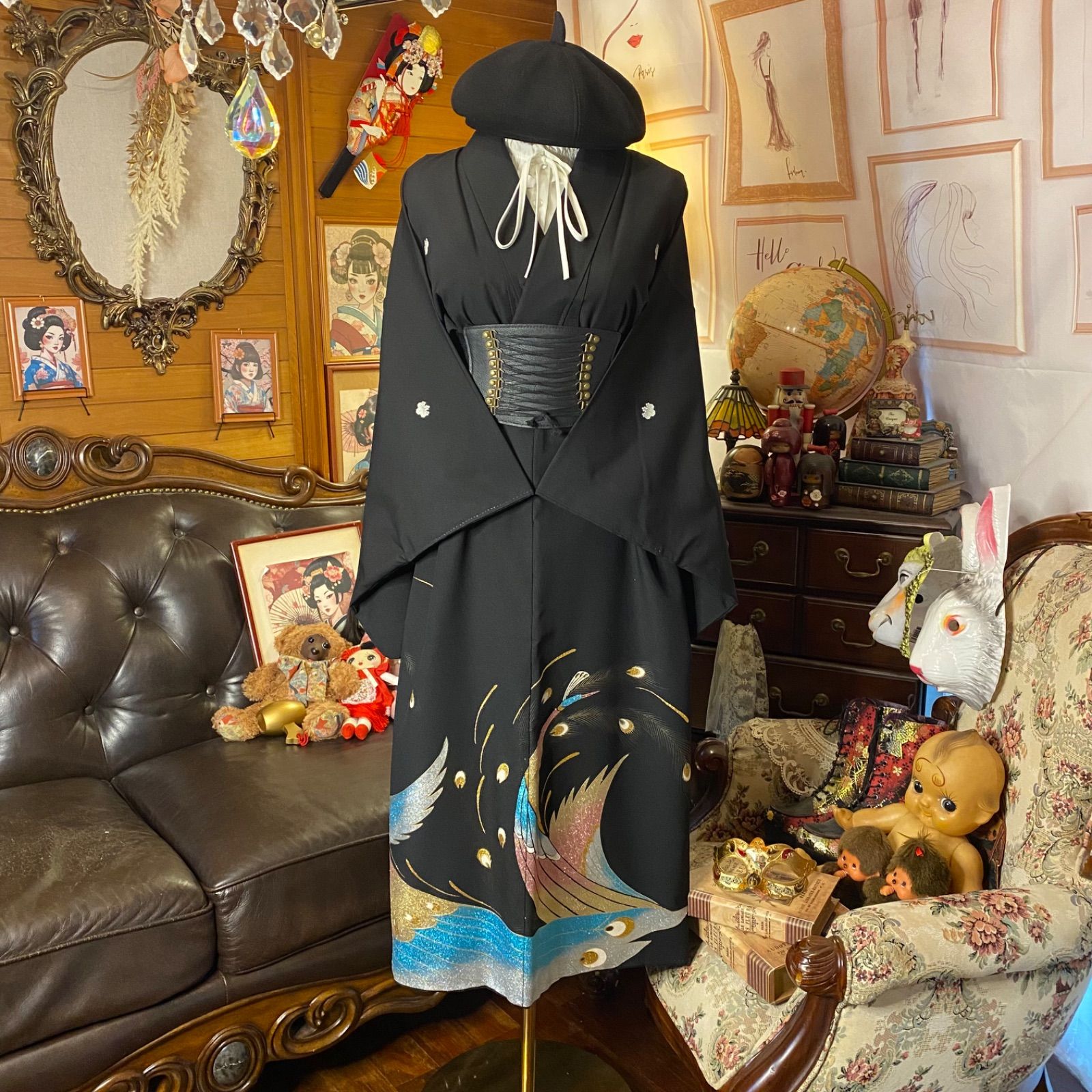 黒留袖 着物 リメイク ワンピース ドレス セミロング 和洋折衷 洗える 化繊 ハンドメイド レトロ 古着 虹光の翼と 彩の花園 TKW 115