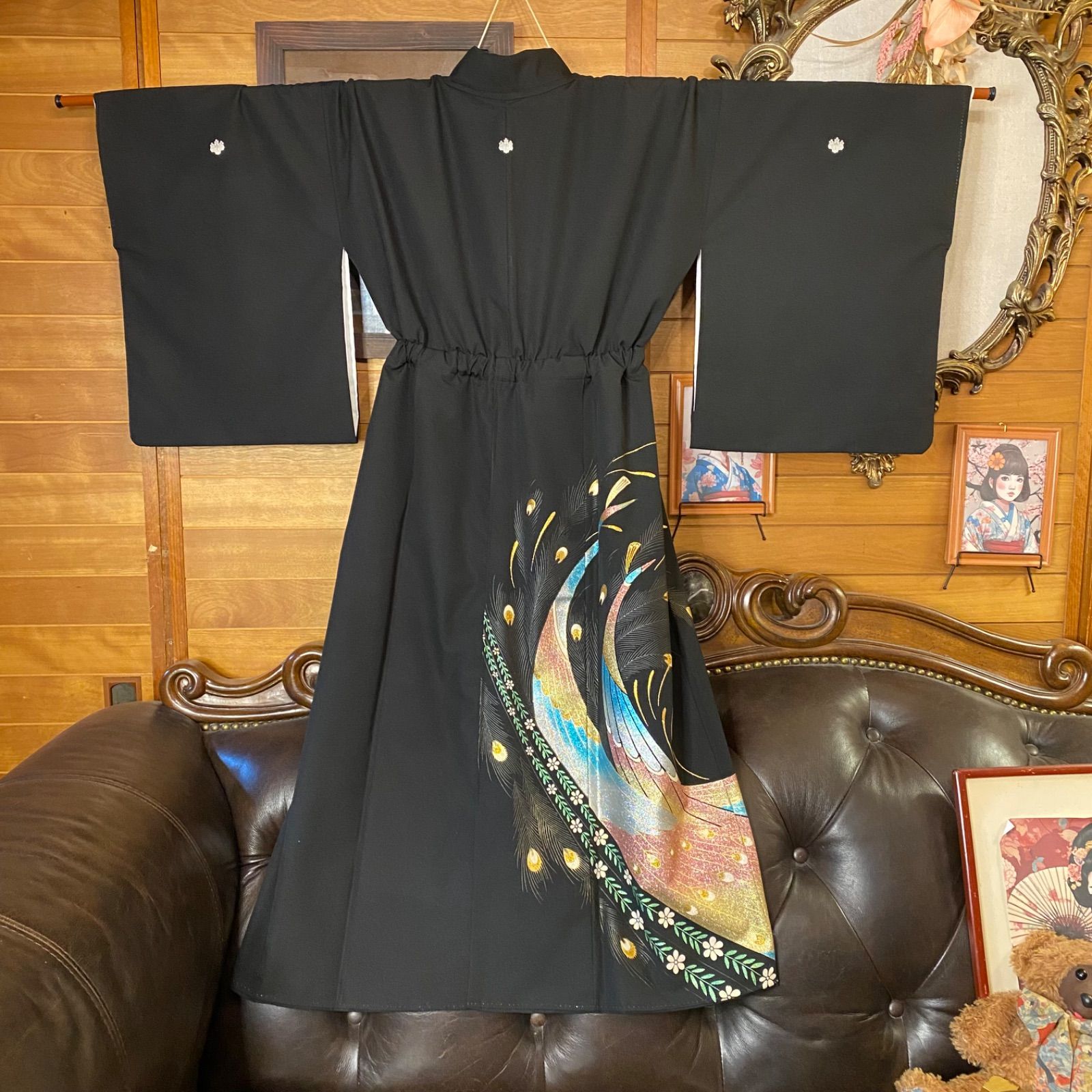  黒留袖 着物 リメイク ワンピース ドレス セミロング 和洋折衷 洗える 化繊 ハンドメイド レトロ 古着 虹光の翼と 彩の花園 TKW 115 ワンピース チュニック ファッション