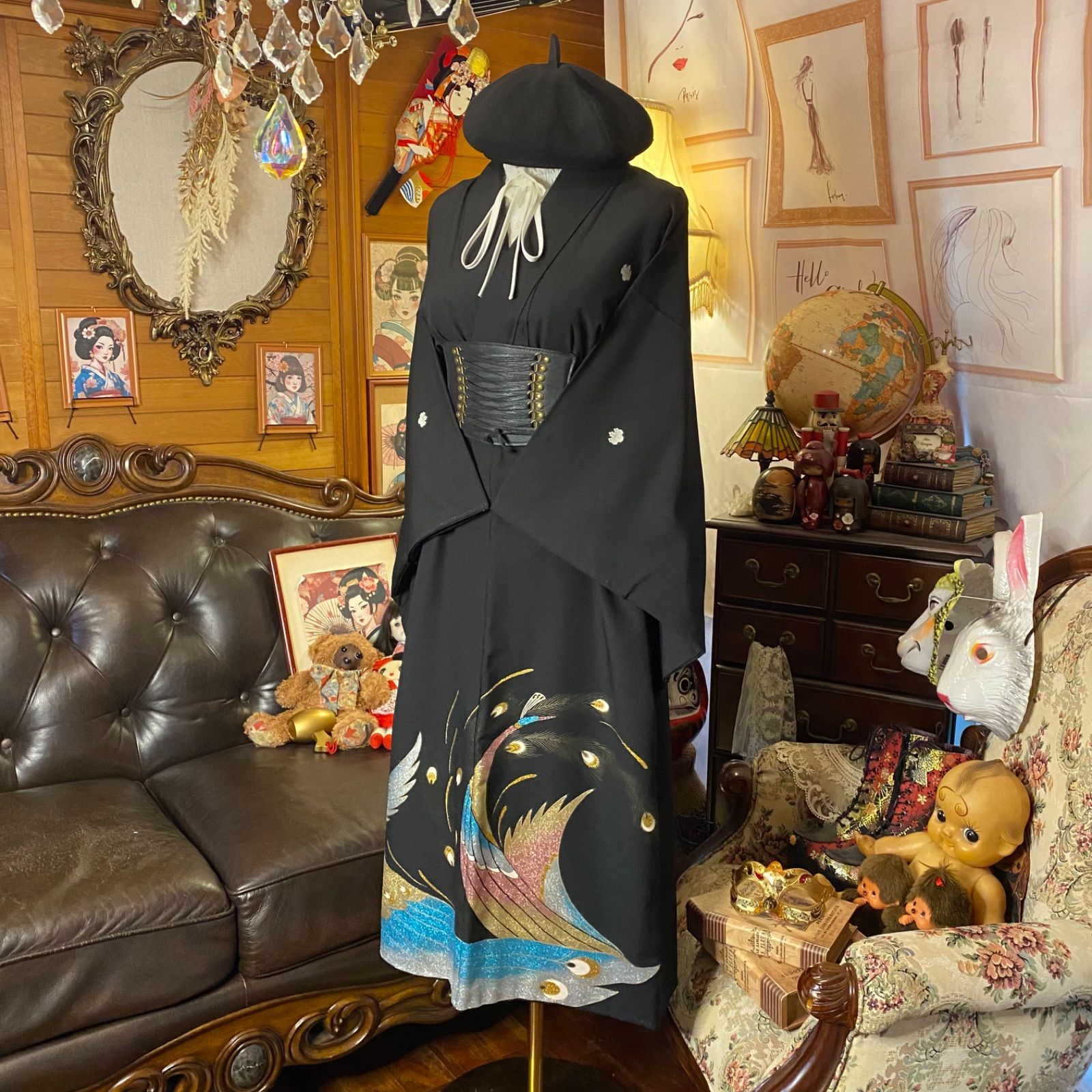 黒留袖 着物 リメイク ワンピース ドレス セミロング 和洋折衷 洗える