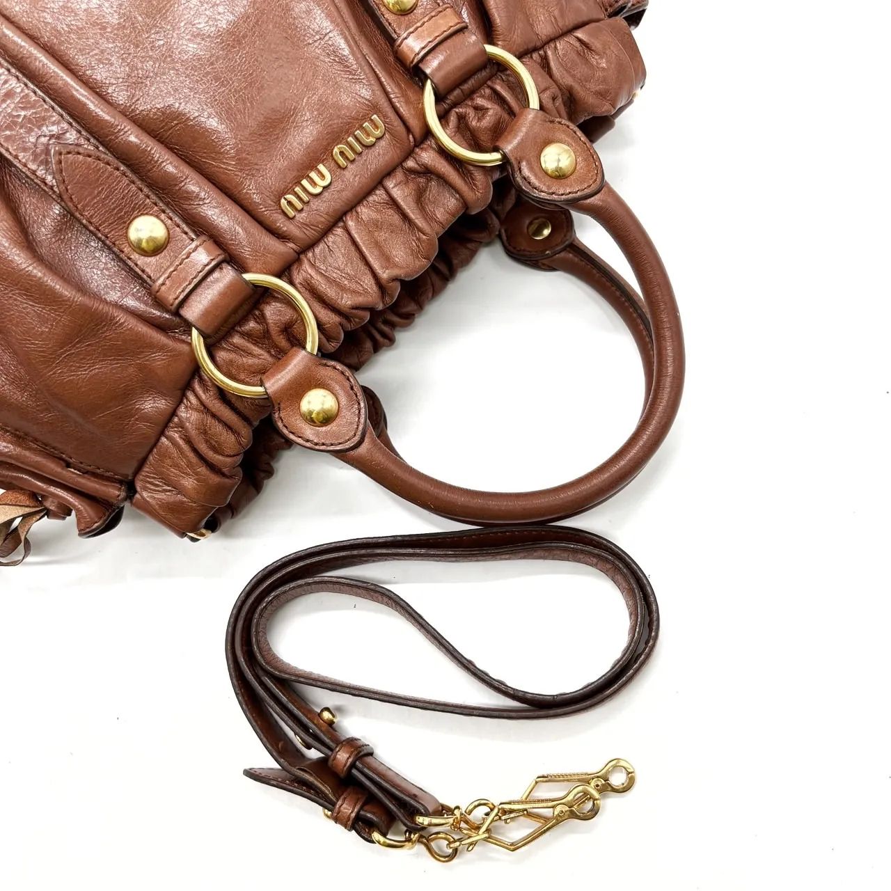 良品】 miu miu vitello lux 2way bag dark brown ミュウミュウ 