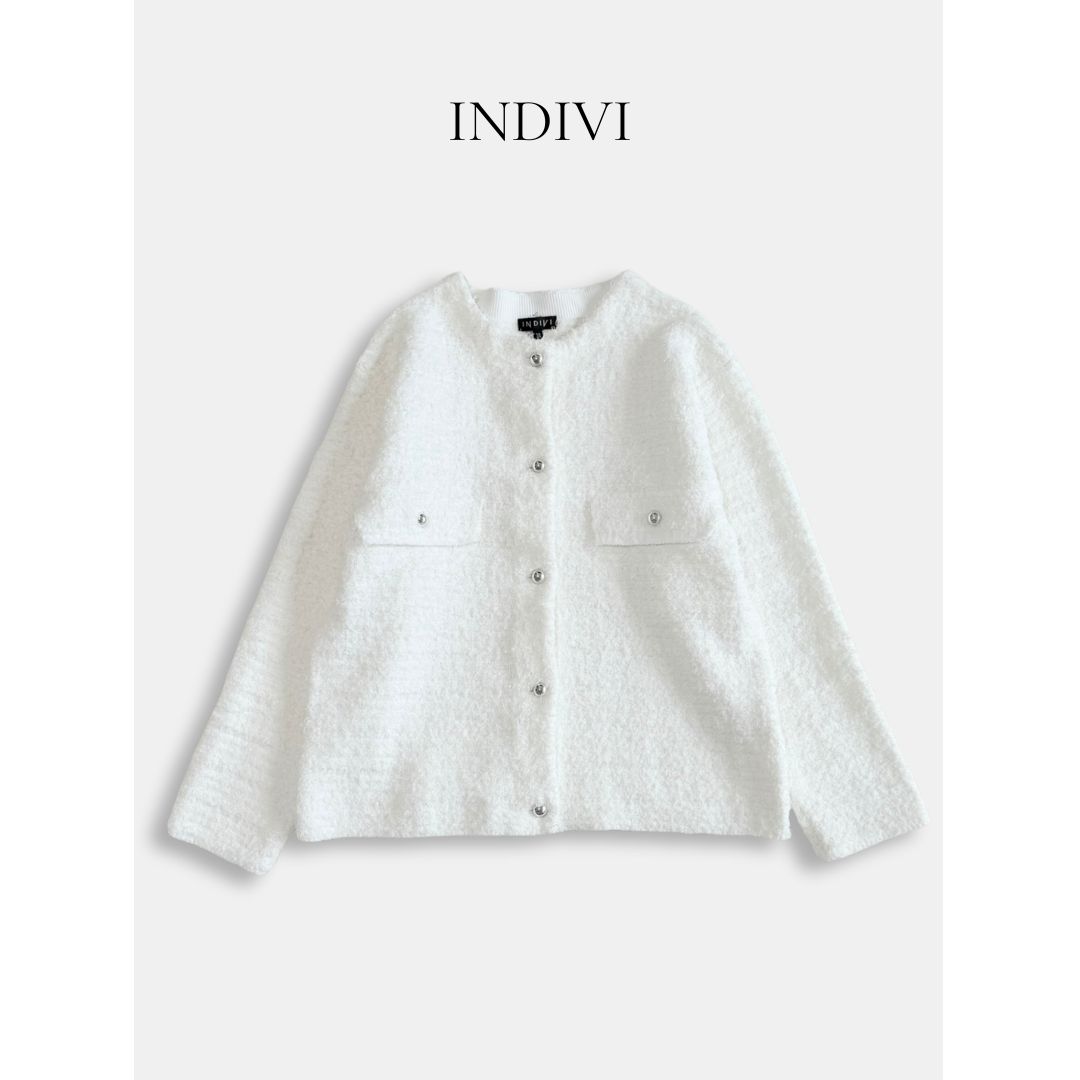 INDIVI インディヴィ ツイードMIX クルーカーディガン ノーカラー