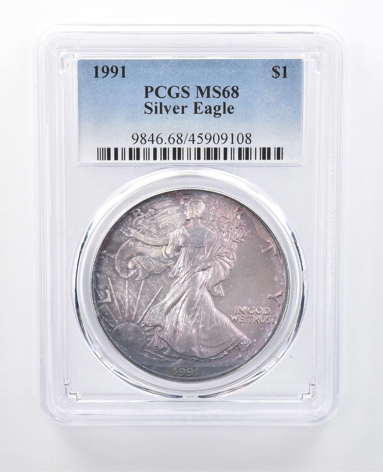 1991年 アメリカン シルバー イーグル MS 68 PCGS ブルー パープル T 8002