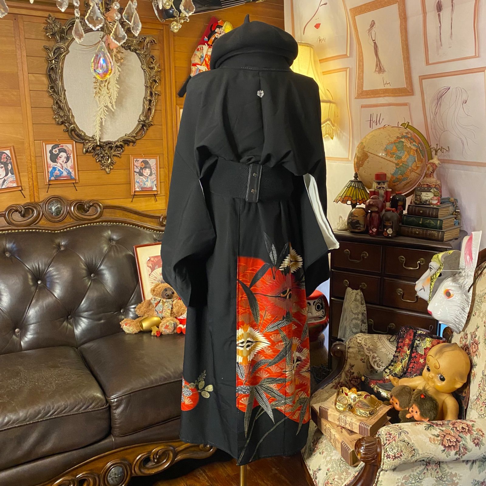 黒留袖 着物 リメイク ワンピース ドレス セミロング 和洋折衷 洗える