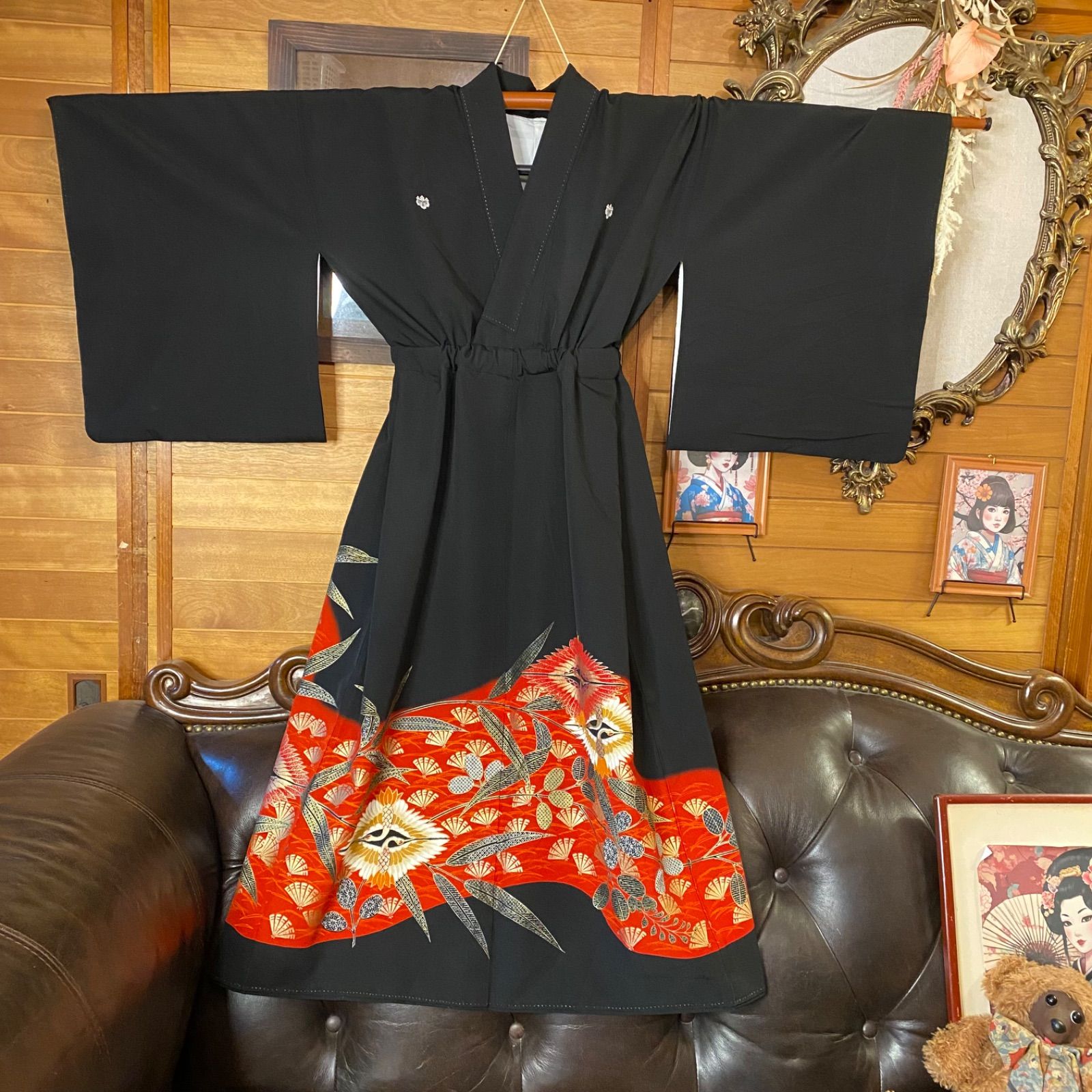 黒留袖 着物 リメイク ワンピース ドレス セミロング 和洋折衷 洗える