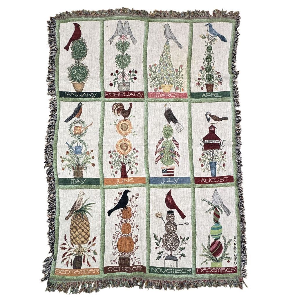 vintageラグ ブランケット マルチカバー タペストリー カレンダー 小鳥