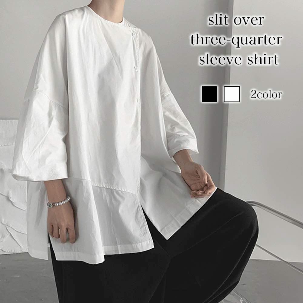 Tシャツ メンズ スリットオーバー七分袖シャツ 春 7分袖 Vネック カジュアル ブランド ロング ワッフル おしゃれ 肌着 シャツ 人気 コット