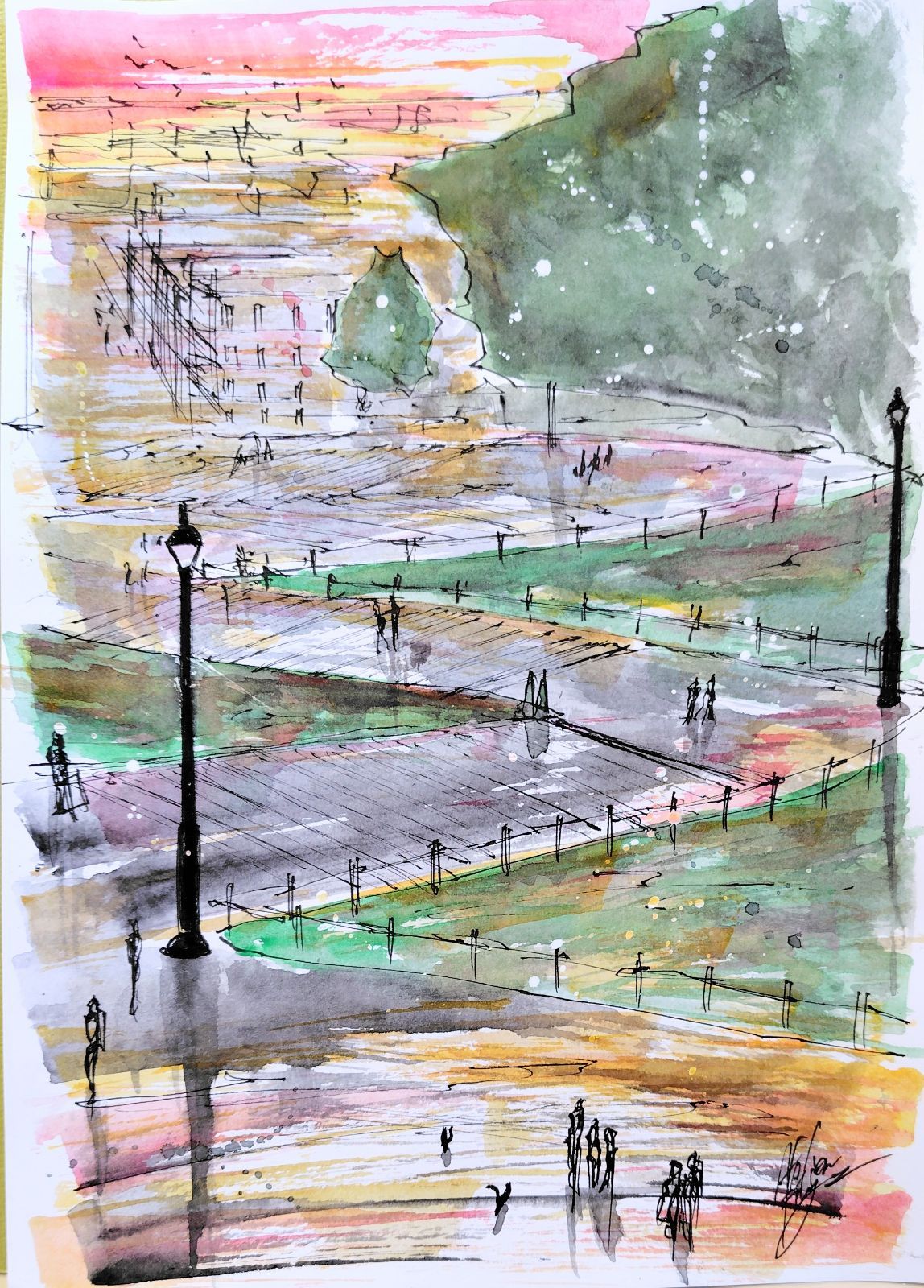 原画#148 モンマルトル 黒猫 夕暮れ パリ フランス 水彩画