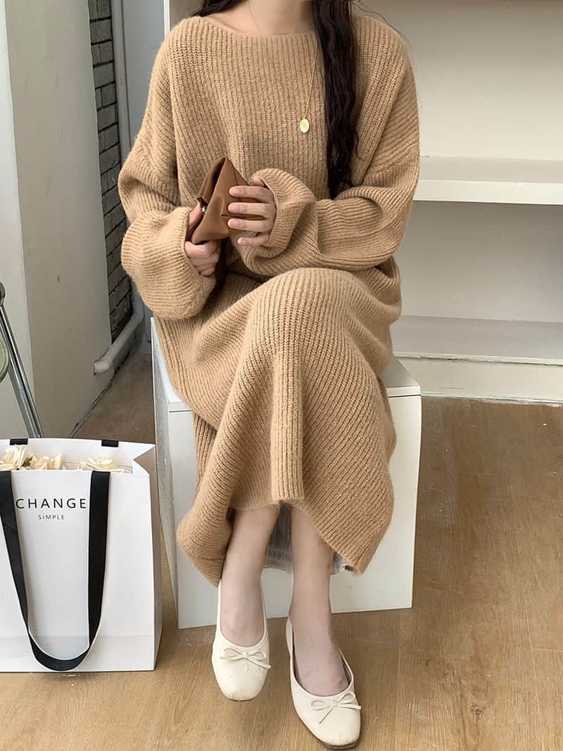 ワンピース レディース 秋冬ニットワンピース 即 OK ロングワンピース ニット ニットワンピ 大きいサイズ クルーネック 長袖 無地体型カバー オシャレ カットソー 20代 30代 40代 無地通勤 上品 ロンgelitai 06