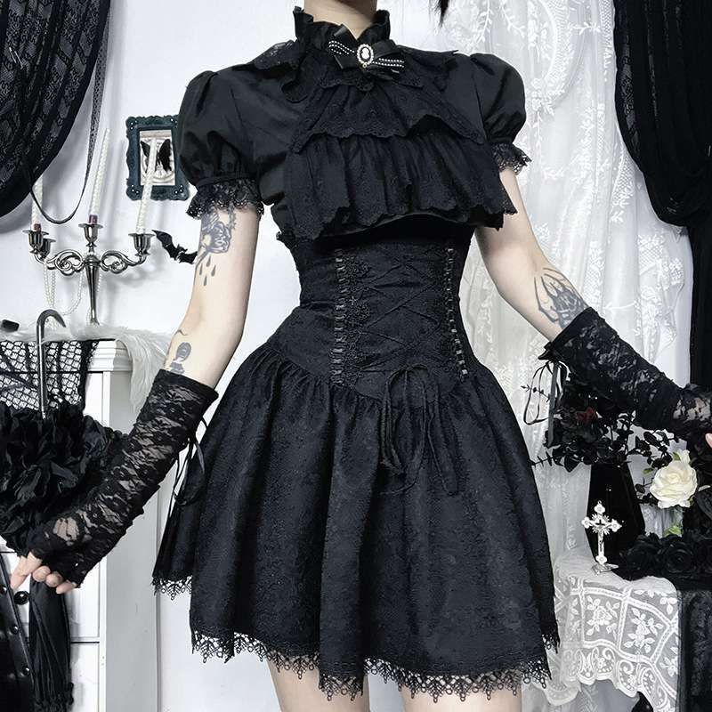 ダークゴシック風 即 OK ストリートスタイル スカート フ ゴシック ミニ丈スカート 姫風 レディース 膝上 可愛い aライン 着痩せ ロック パンク系 原宿系 仮装 撮影会 二次会 ステージ 舞台衣装 披露宴 夏 春 秋 yibei 08