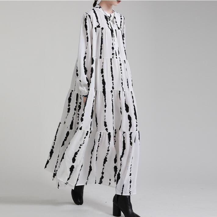 ワンピース レディース 長袖 マキシワンピース きれいめ ロング丈 縞柄 スタンドカラー Aライン 春 夏 秋 体型カバー OL オシャレ 上品 通勤 カジュアル hyuxz 24