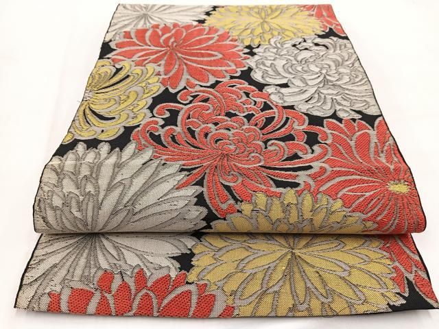 平和屋着物◎六通柄 京袋帯 本袋帯 唐織 乱菊 黒地 正絹 逸品