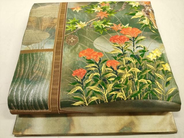 平和屋着物◎太鼓柄袋帯 唐織 草花文 金糸 引箔 正絹 逸品 DABA8017xg