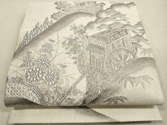 平和屋着物◎綴れ 太鼓柄袋帯 御所車花文 プラチナ箔 銀糸 正絹 逸品