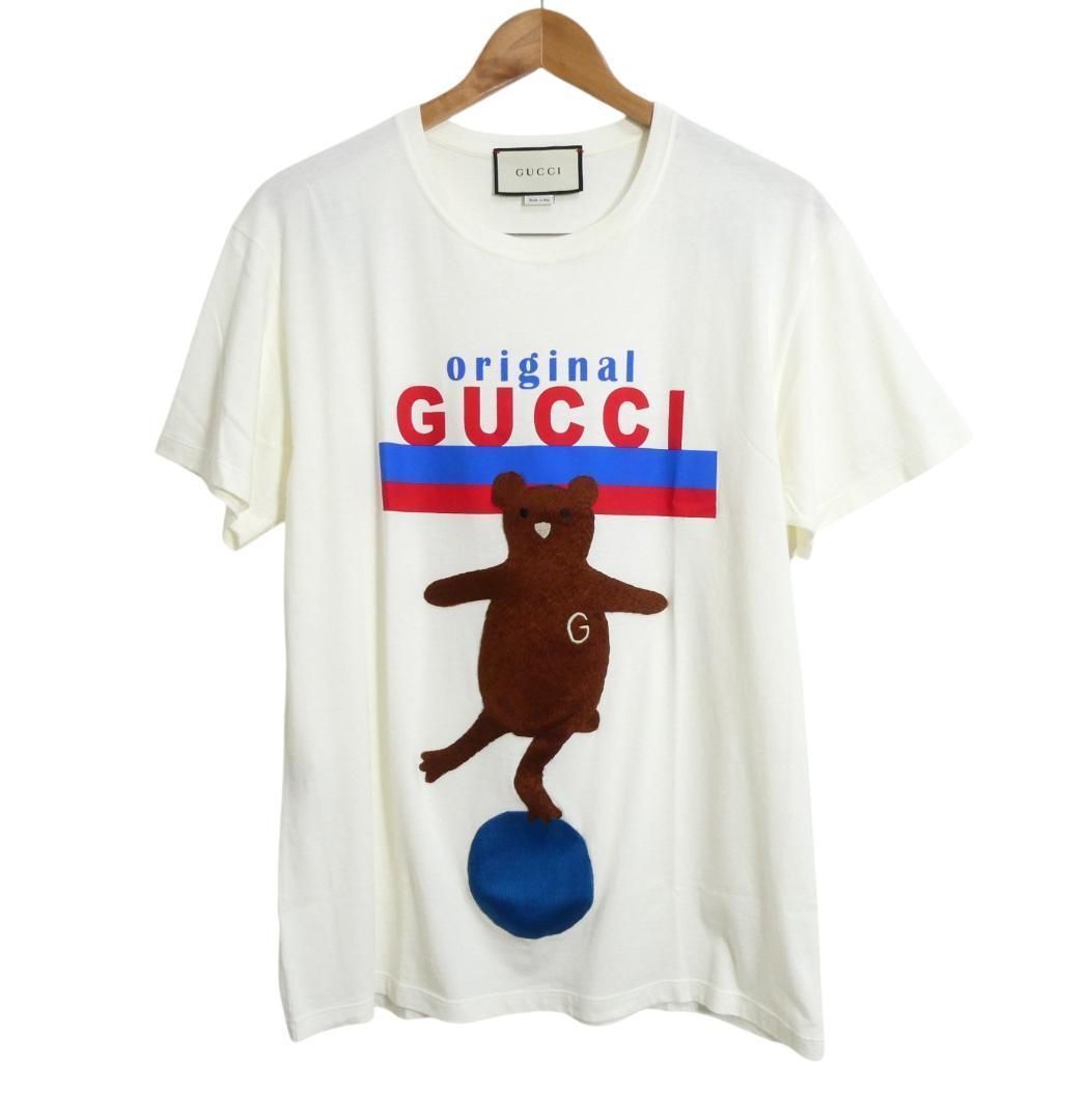 最終価格⚠️GUCCI　ベア　Tシャツ　玉乗り　刺繍　半袖　ロゴ　ホワイト グッチ GUCCI BearTEE Tシャツ カットソー くま 玉乗り ワッペン 半袖