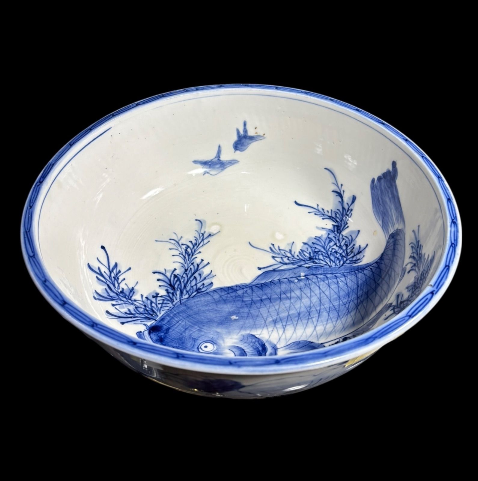 古伊万里 大鉢 鳥鯉水草文図 盛り鉢 鯉 染付 鉢 取り皿 飾り皿 和食器