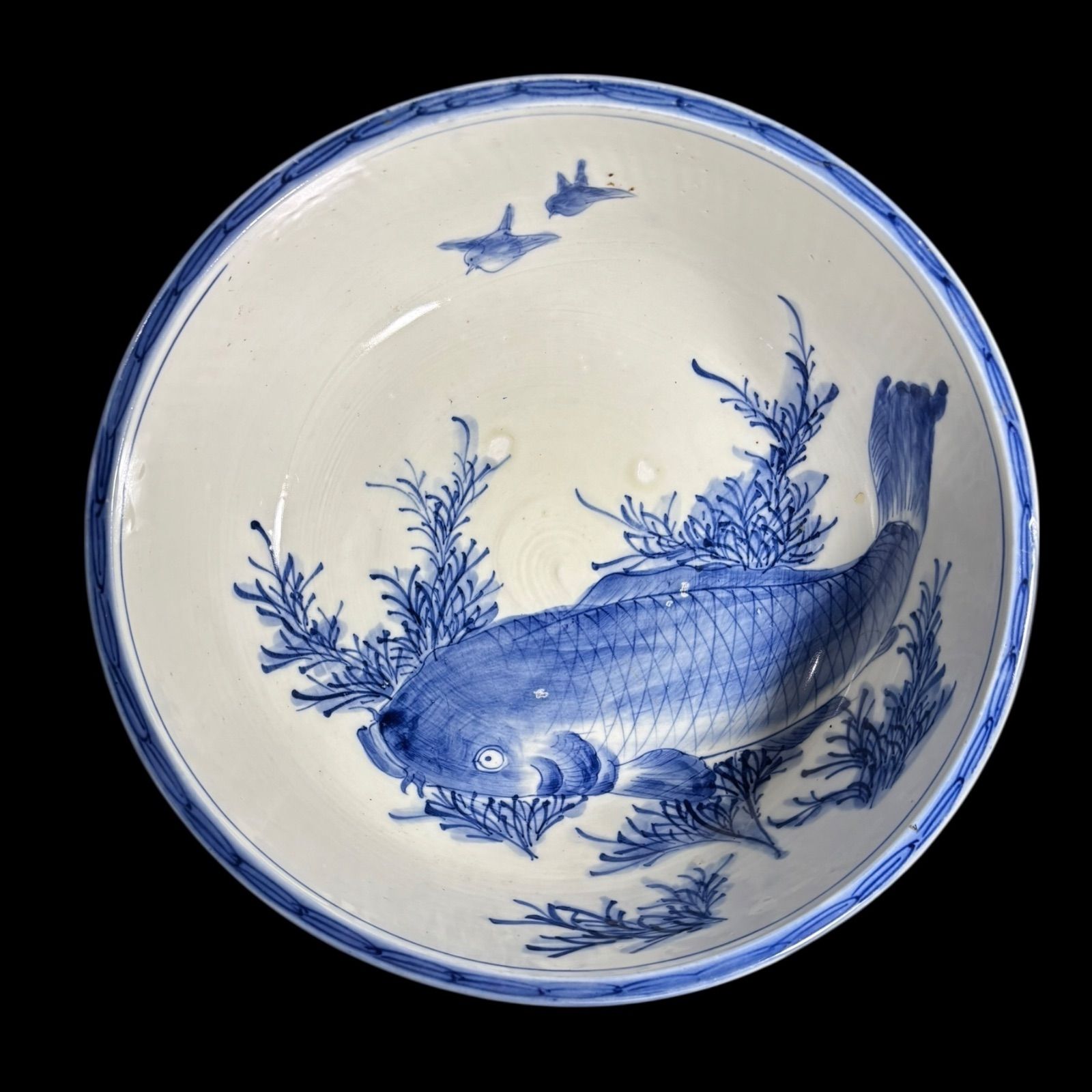 古伊万里 大鉢 鳥鯉水草文図 盛り鉢 鯉 染付 鉢 取り皿 飾り皿 和食器