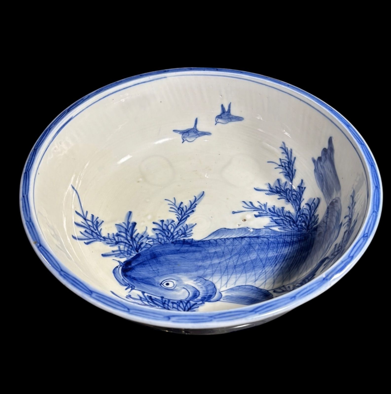 古伊万里 大鉢 鳥鯉水草文図 盛り鉢 鯉 染付 鉢 取り皿 飾り皿 和食器
