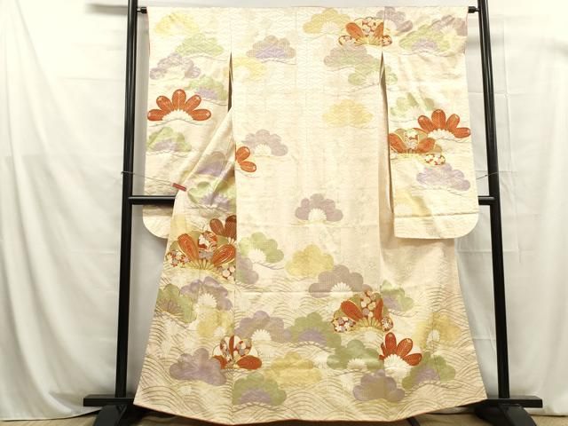 平和屋着物○豪華振袖 駒刺繍 扇面草花文 金彩 正絹 逸品 DAAZ7380ud 平和