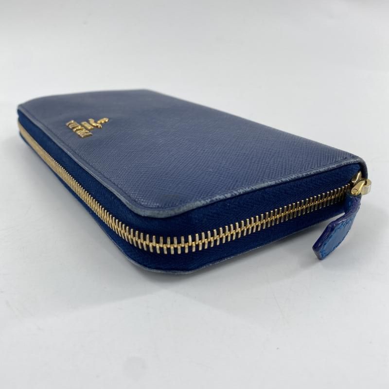 中古】PRADA ラウンドファスナーウォレット サフィアーノ ネイビー