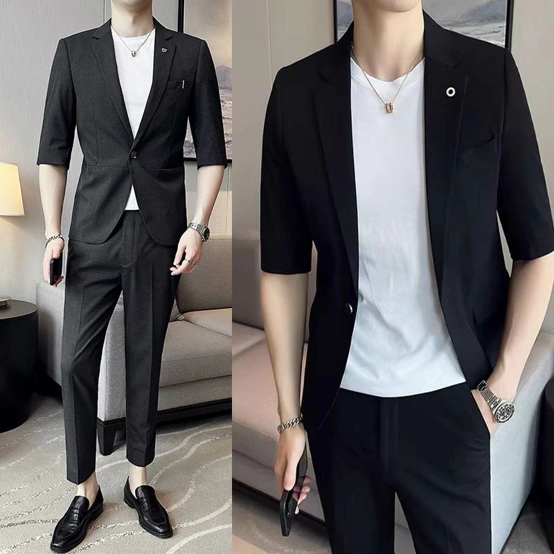 セットアップ 半袖 ジャケット パンツ ９分丈 スーツセット テーラード 1つボタン 涼しい 夏物 通勤 着やせ スリム アウター メ