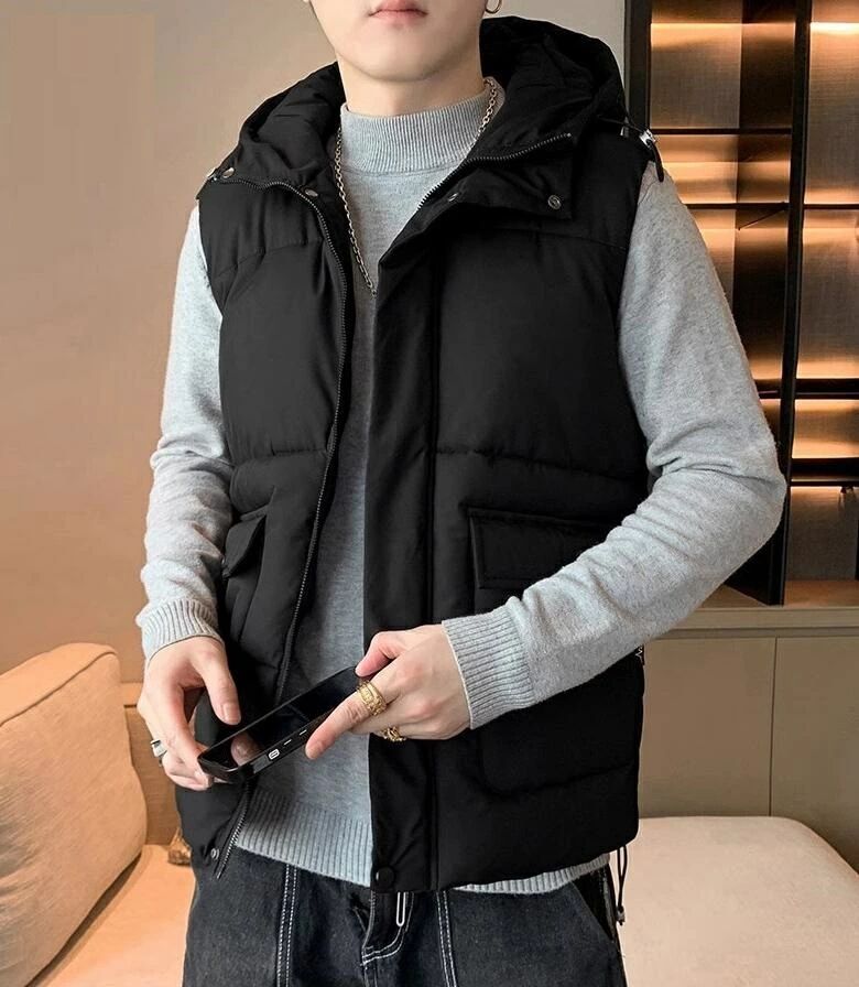 中綿ベスト メンズ 秋冬アウター ダウン風ベスト ジップアップ 厚手 立襟 防寒 大人 カジュアル フード付 暖かい 軽量 あったか 無地 男性 