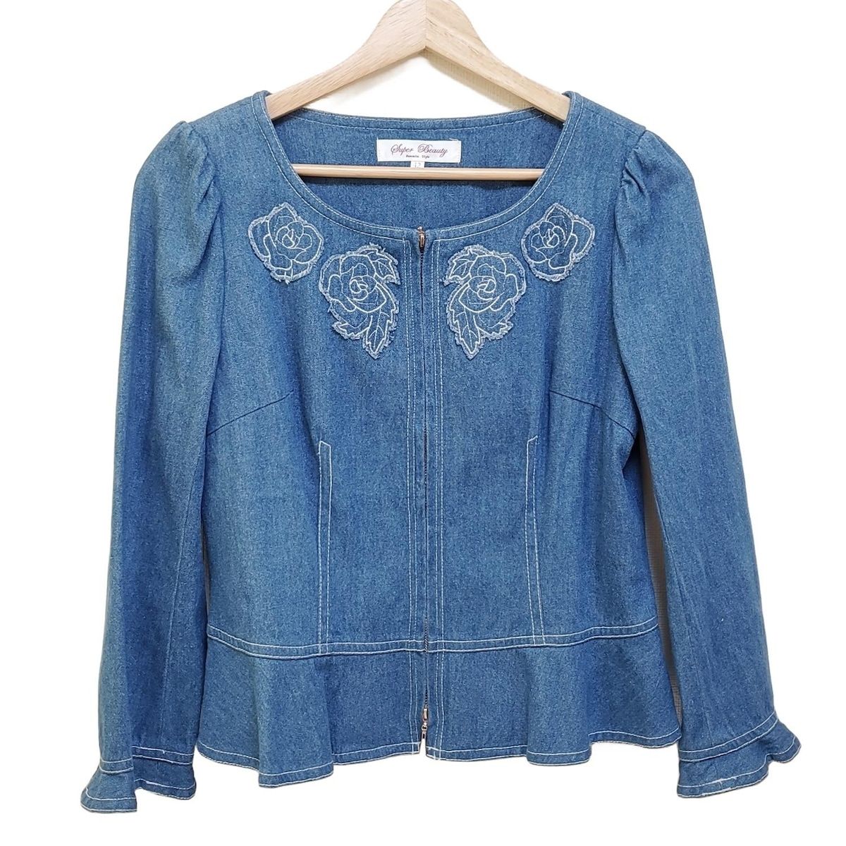 スーパービューティー Gジャン サイズ42 L レディース ブルー 長袖 フラワー 花 ステッチ 秋 春