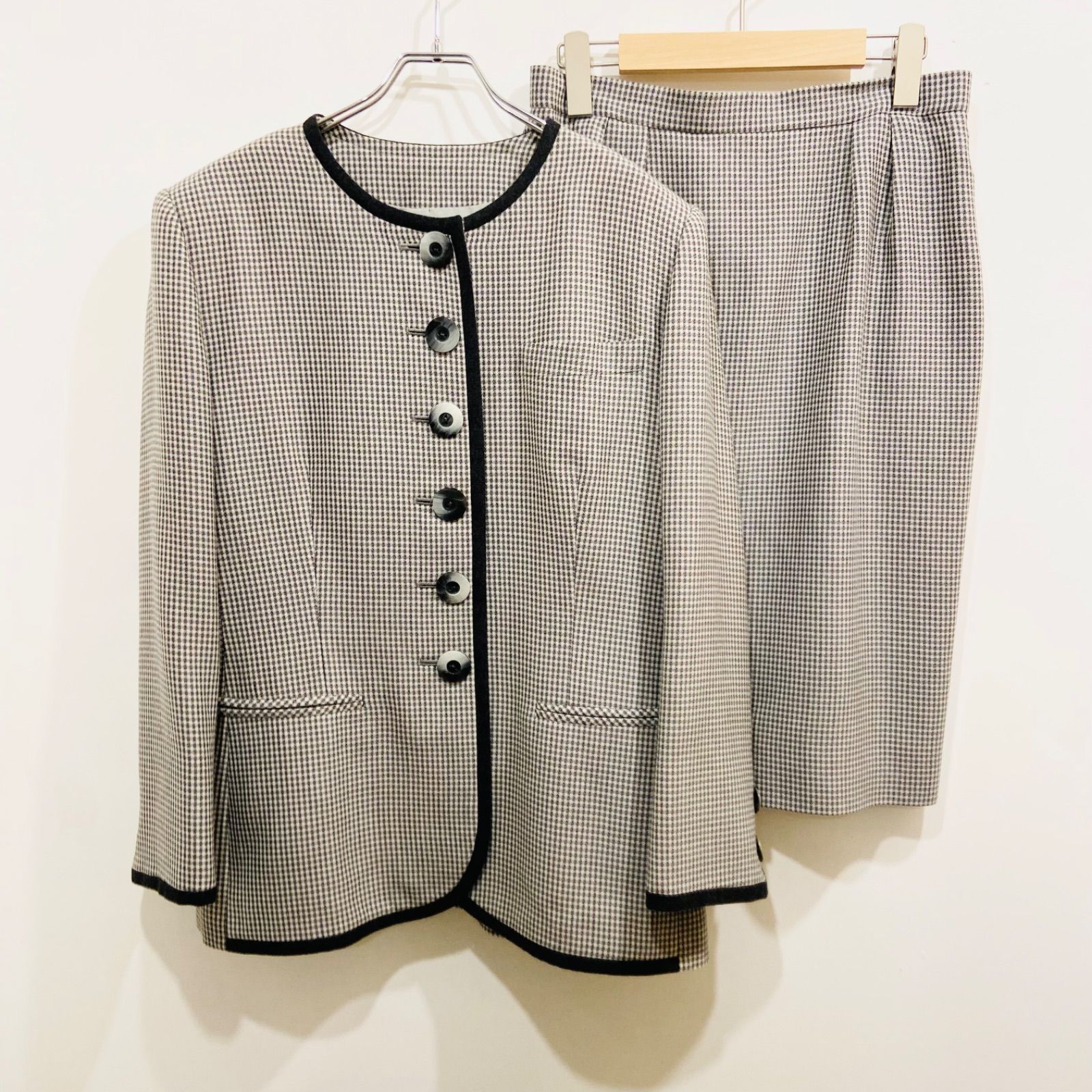 Vintage Christian Dior ウールスカートセットアップ ギンガムチェック グレー系 サイズ13 み