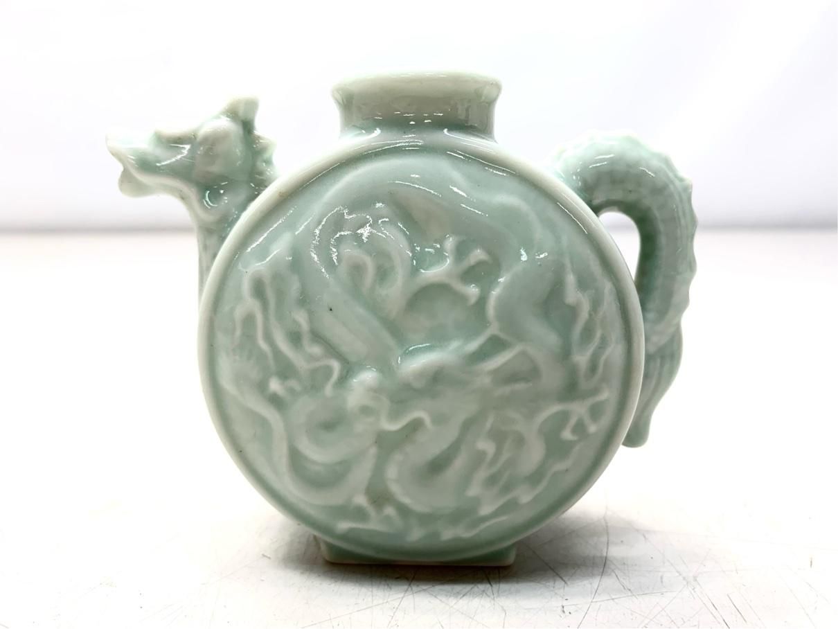 アンティーク 水差し 陶器 青磁 龍 竜 中国美術 ヴィンテージ レトロ