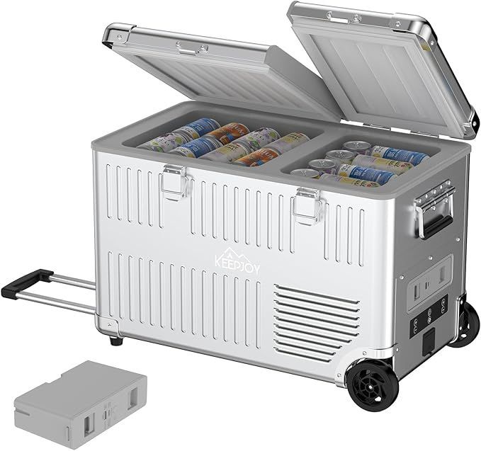 KEEPJOY アルミ製 車載冷蔵庫 40L ポータブル冷蔵冷凍庫 2室同時冷蔵