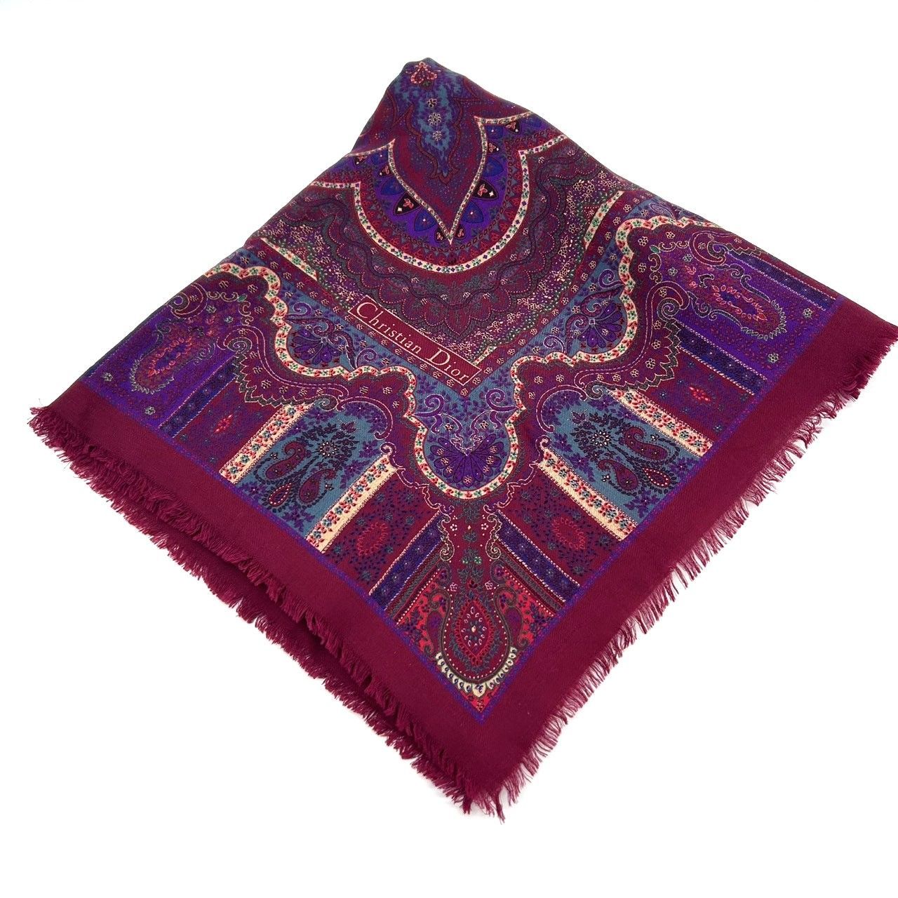 クリスチャンディオール　シルク　大判ストール　光沢あり　茶色　ペイズリー Christian Dior クリスチャンディオール 大判ストール ウール×シルク