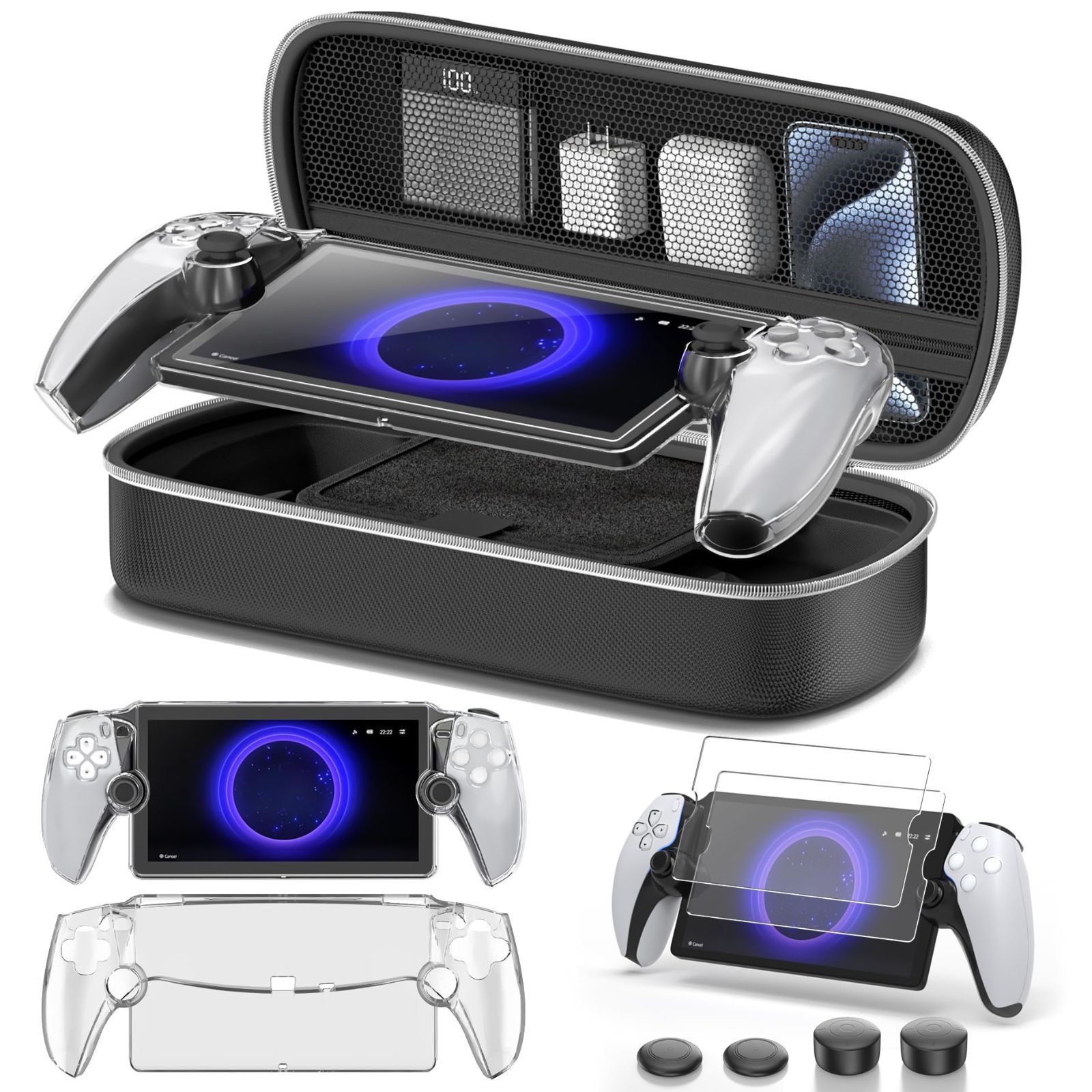 PS Portalリモートプレーヤー 収納ケース PS Portal保護カバー ガラスフィルム 2枚入り プレステポータル 用サムキャップ 大容量 全面保護 耐衝撃 キズ防止 防水防塵 PSポータル 周辺機器 アクセサリーキット 持ち運び便利
