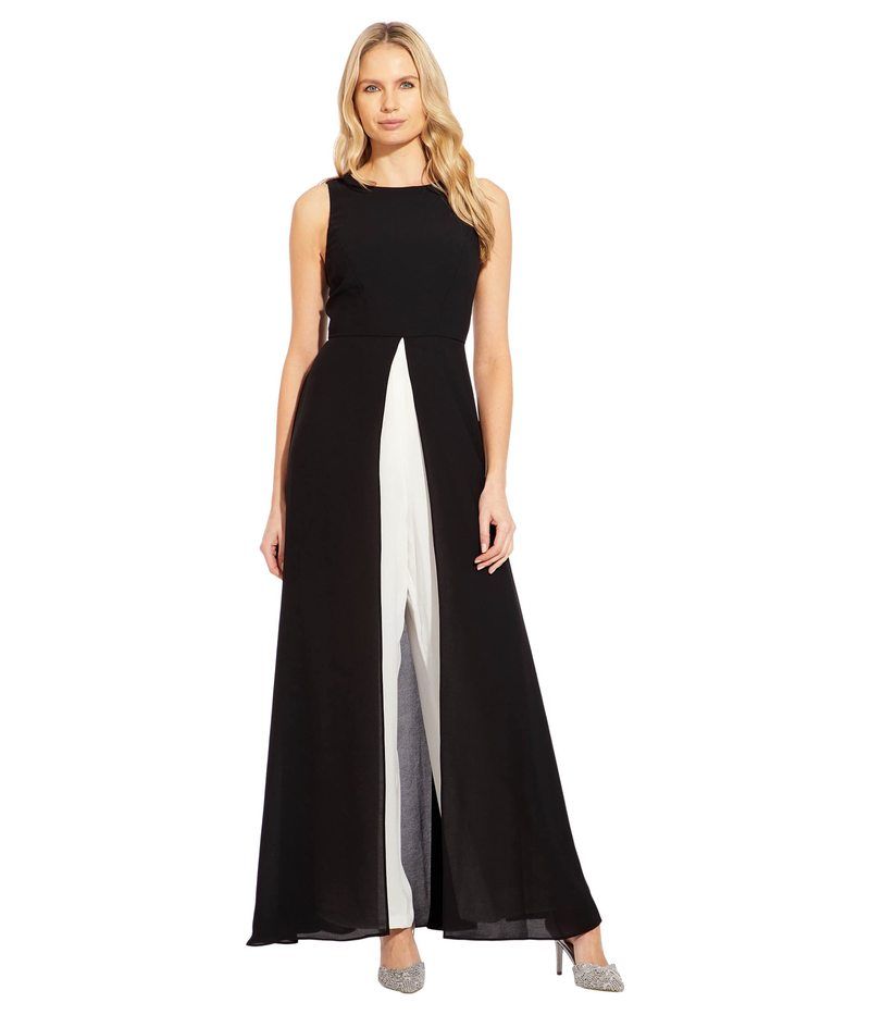 (取寄) アドリアナ パぺル レディース スリーブレス ストレッチ クレープ ジャンプスーツ ウィズ シフォン オーバーレイ Adrianna Papell women Sleeveless Stretch Crepe Jumpsuit with Chiffon Overlay Black Ivory アドリアナ パペル レディース トップス ジャンプスーツ シフォン