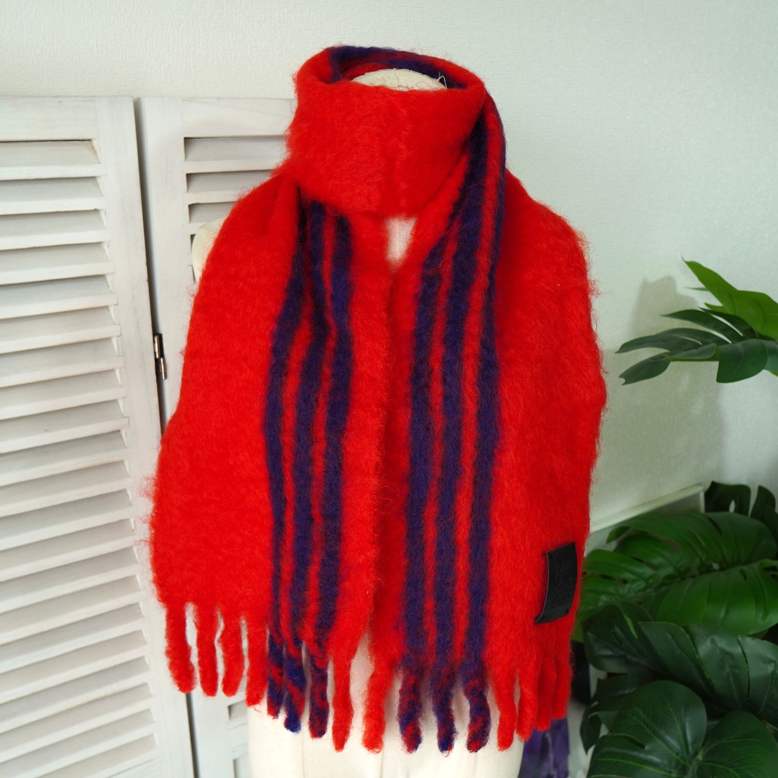 ロエベ アナグラム レザーパッチ モヘア マフラー レッド | ネイビー