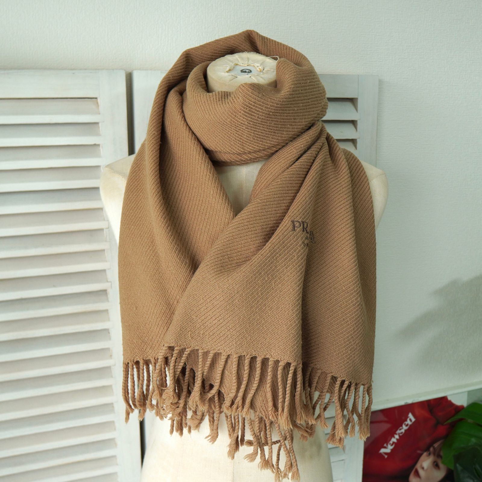 プラダ ロゴ 大判 ウール マフラー ストール キャメル