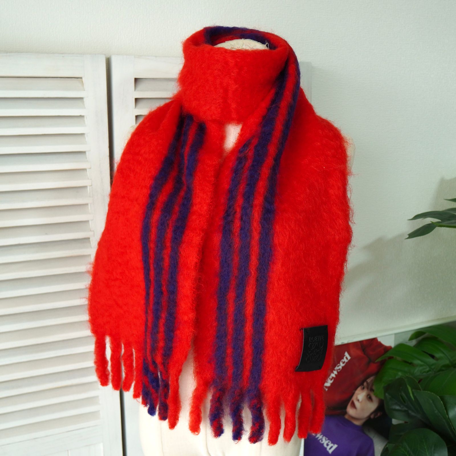 ロエベ アナグラム レザーパッチ モヘア マフラー レッド | ネイビー