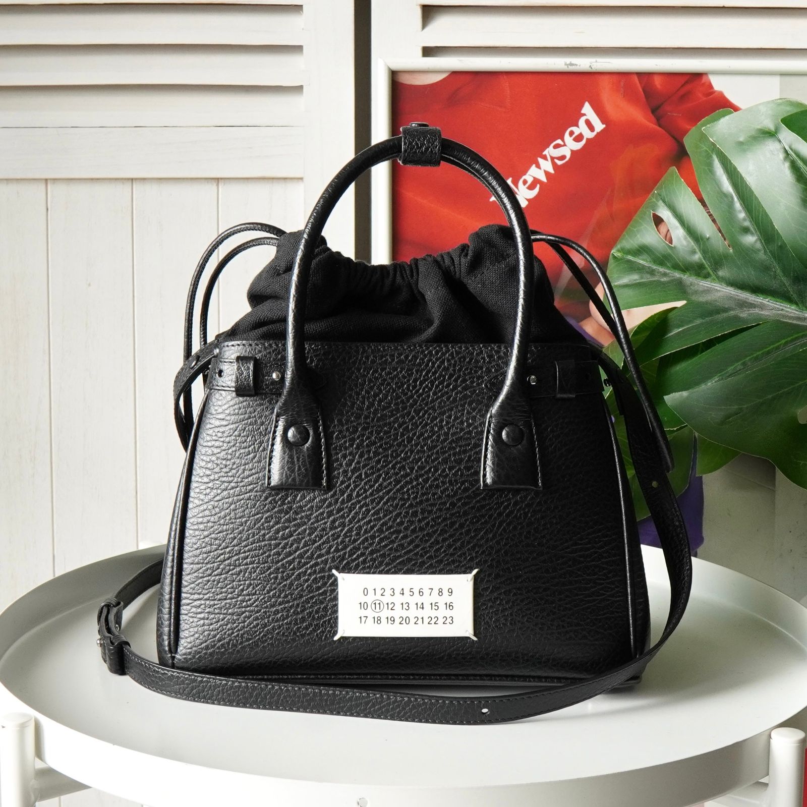 メゾン マルジェラ 5 AC ドローストリング スモール レザー 2 way ハンドバッグ 巾着バッグ ショルダーバッグ ブラック