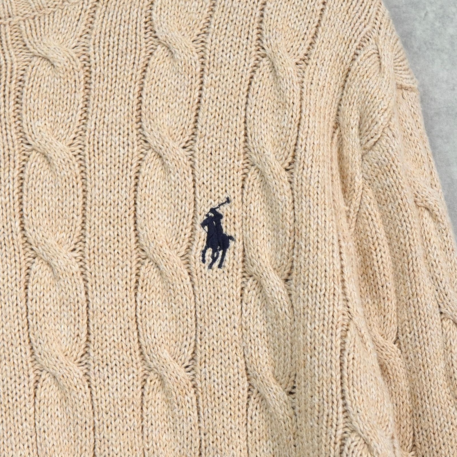 美品　ラルフローレン　ケーブル編みニット　ベージュ　ホースロゴ　コットン　L ポロ ラルフローレン ケーブル編み コットン ニット ベージュ