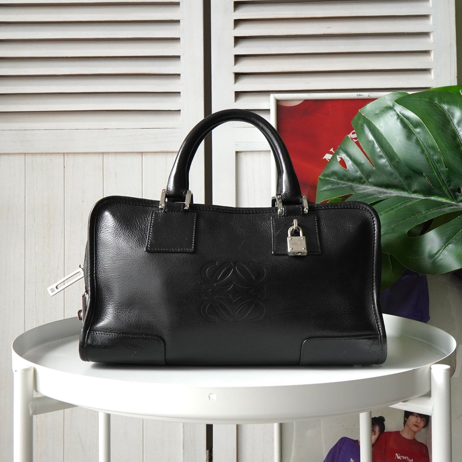 ロエベ アマソナ28 アナグラム レザー ミニボストンバッグ ハンドバッグ ブラック