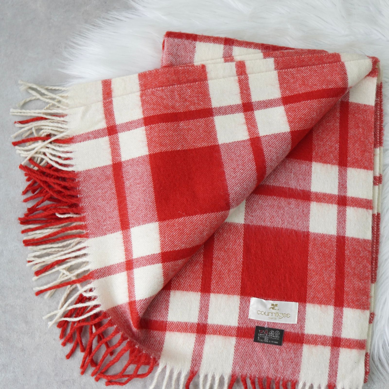  クレージュ ロゴ チェック柄 大判 ウール マフラー ストール レッド アイボリー マフラー 小物