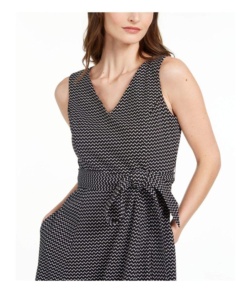 (取寄) カルバンクライン レディース スリーブレス V ネック ミディ ドレス ウィズ セルフ サッシュ ウェスト   women Sleeveless V Neck Midi Dress with Self Sash Waist Black White カルバンクライン レディース トップス ワンピース Vネック ミディ