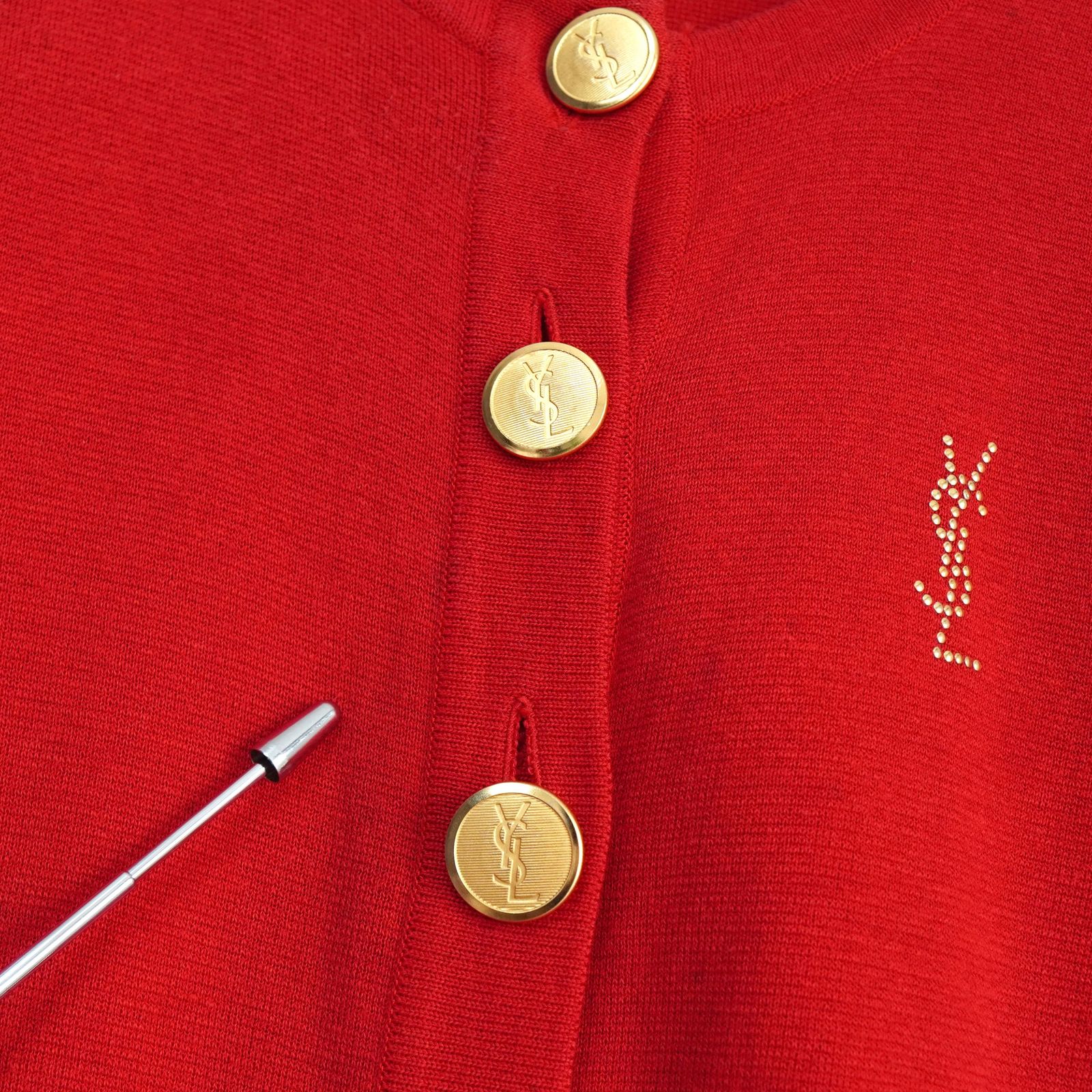 Vintage イヴサンローラン Yves Saint Laurent カーディガン ゴールドボタン コットン トップス レディース M レッド イヴサンローラン ヴィンテージ YSLロゴ 金ボタン コットン