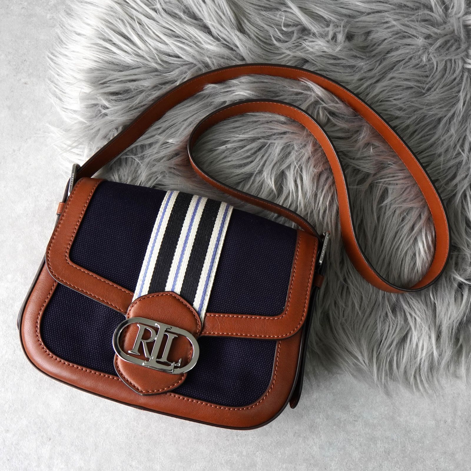 ラルフローレン ロゴ金具 キャンバス レザー ショルダーバッグ ネイビー ブラウン