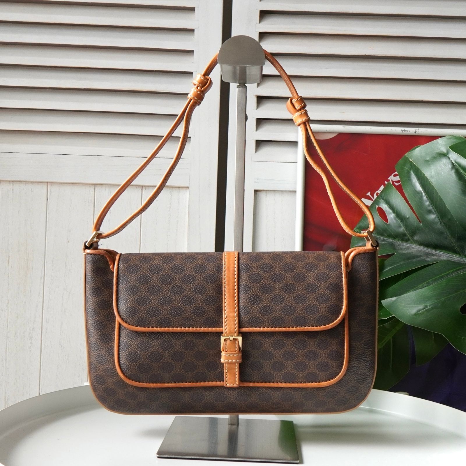 セリーヌ ヴィンテージ マカダム PVC レザー ワンショルダーバッグ ミニバッグ ブラウン