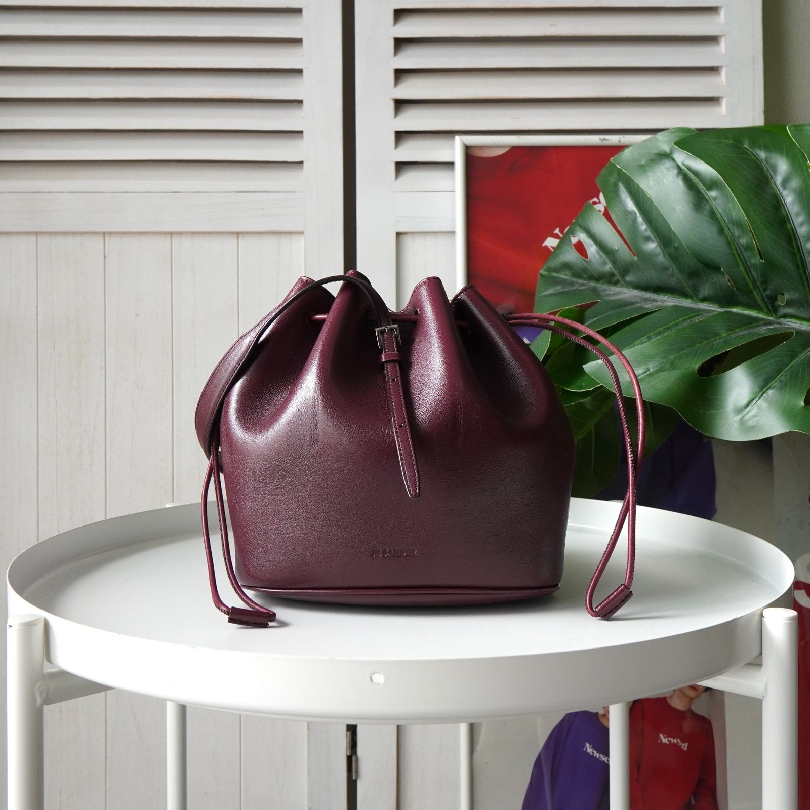 ジルサンダー ドローストリング レザー 巾着バッグ ハンドバッグ ボルドー